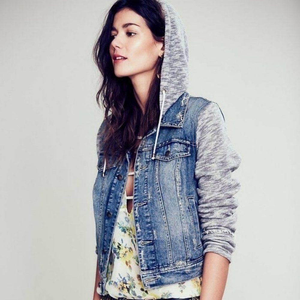 Free People Denim Jacket with French terry sleeves and detachable hood XS